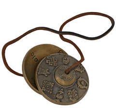 Antique-Finish Tibetan Brass Manjira Hand Cymbals with Leather Cords (Height: 3 Inches)