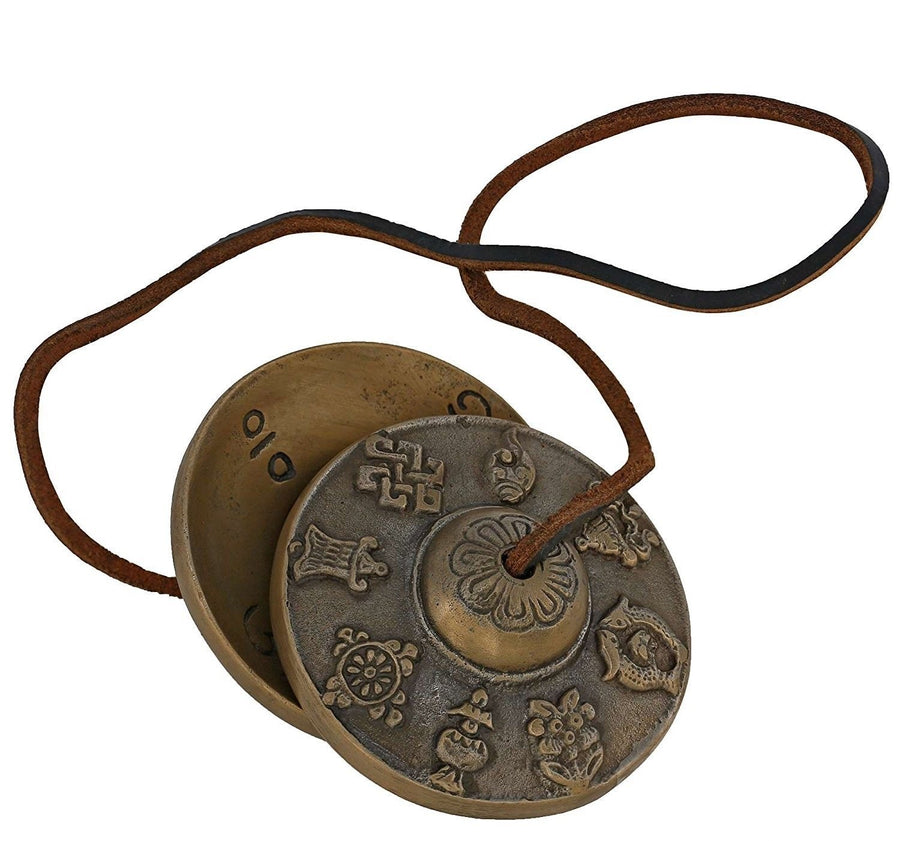 Antique-Finish Tibetan Brass Manjira Hand Cymbals with Leather Cords (Height: 3 Inches) Craft Detail