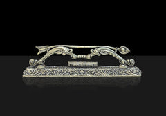 Brass Jai Shree Ram Dhanush mandir decor showpiece with ornate arch and side curls