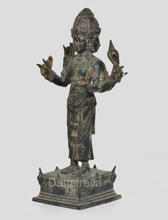 Rear view four-armed Vishnu statue, ornate headpiece and carved pedestal base