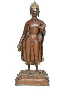 Brass standing Buddha statue front view, golden headdress and robe details on base