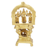 Back view brass Garuda Bhagwan murti with arched frame and four figures, 7 inch