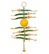 White metal nimbu mirchi hanging charm: green mirchi, yellow ball, gold loop top