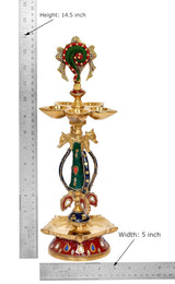 Brass shankh chakra oil diya idol lamp, green-red enamel; height 14.5 in, width 5 in