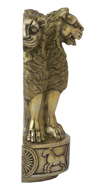 Brass lion figurine side view on round base with Ashoka wheel detailing