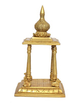 Brass pooja mandir with rounded finial on top platform, gold-tone frame