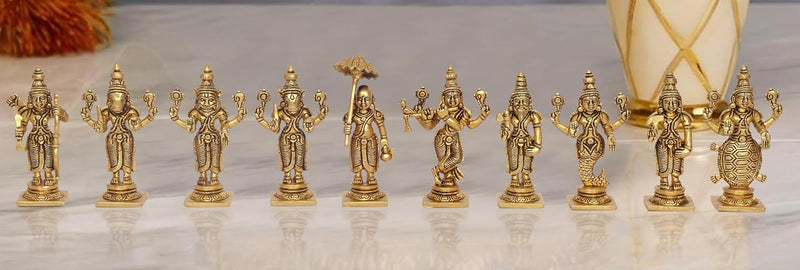 Brass Vishnu Dashavatara Ten Avatars of Vishnu for Home Temple Office Mandir, (Height: 4 Inch)