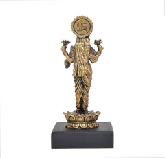 Standing Lakshmi statue, back with circular emblem, gold finish on black base