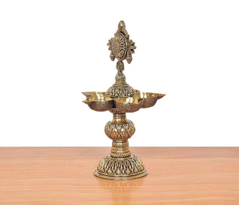 Bronze Oil Lamp Five Diya Lamp Stand (Height: 8 inch)