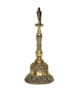 Brass pooja bell side view with decorative bands on base and ribbed handle
