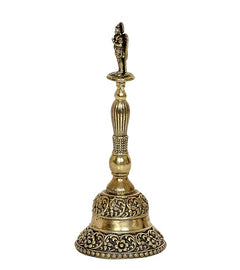 Brass pooja bell side view with decorative bands on base and ribbed handle