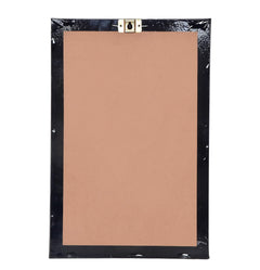 Back view of framed wall hanging, black speckled frame with mounting hardware