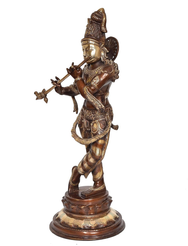 Brass Krishna Playing Flute Idol Statue Sculpture for Home Mandir Pooja Decor Temple Gift (Height 22 inch) Study Setting