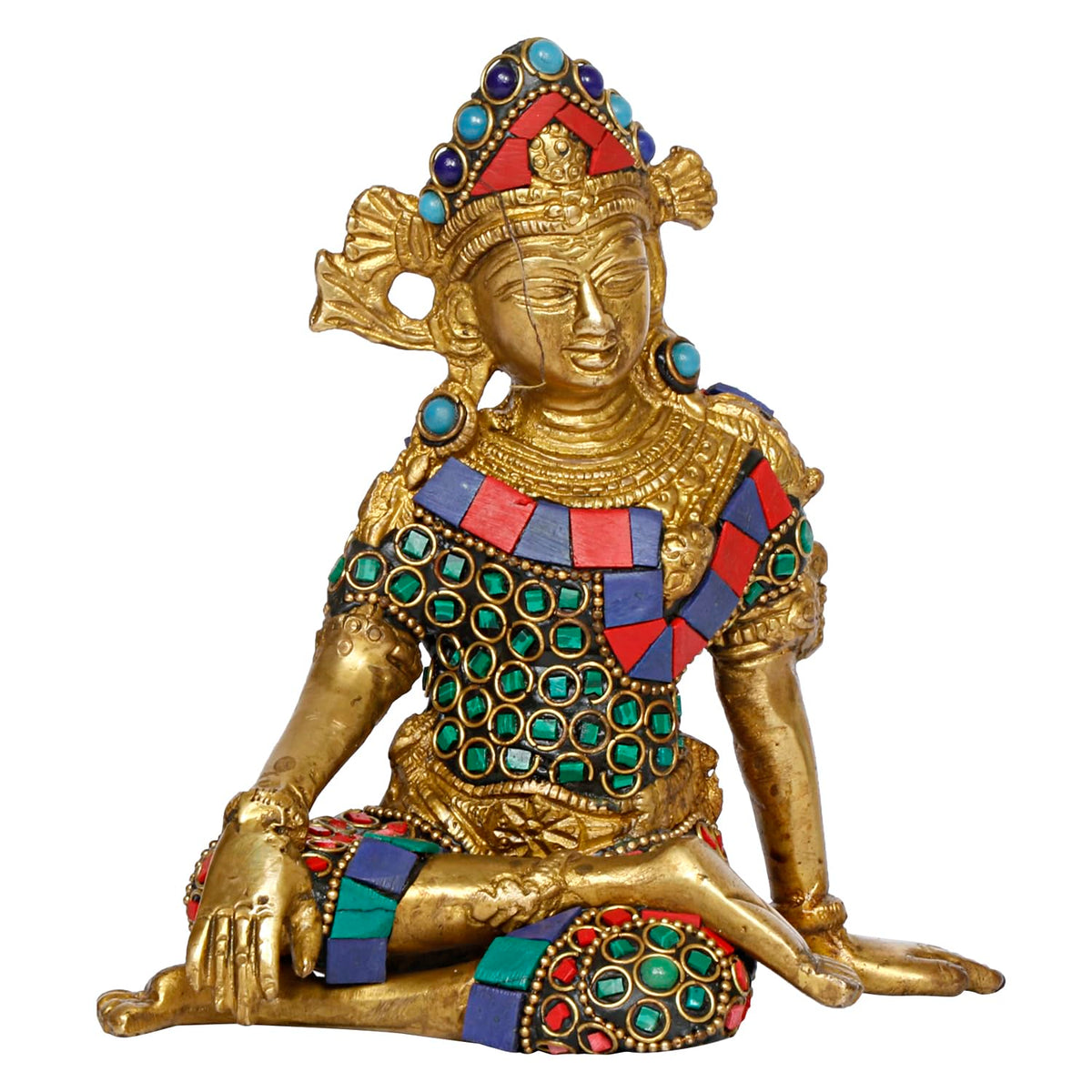 Brass Indra dev idol figurine, seated with multicolour jeweled details and crown