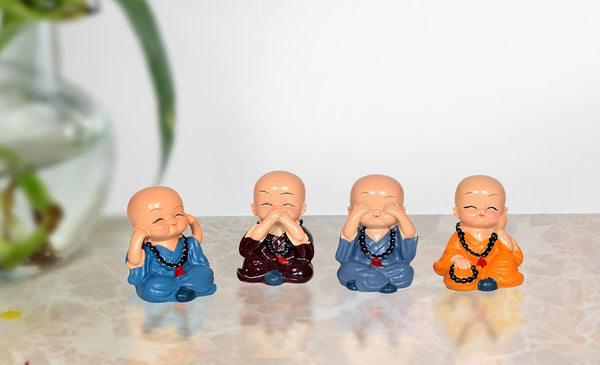 Resin Buddha Monk Set of 4 Statue Smilling Little Buddha Monk Figurines Showpiece Buddha Idol Statue for Table Decor Living Room Home Car Dashboard (Height: 2 Inch)