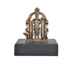Bronze Murugan standing figurine from back, ornate arch framing the figure on base