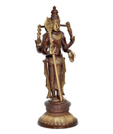 Brass Kartikeya Murugan murti, full figure with raised hand and tall spear