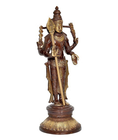 Brass Kartikeya Murugan murti, full figure with raised hand and tall spear