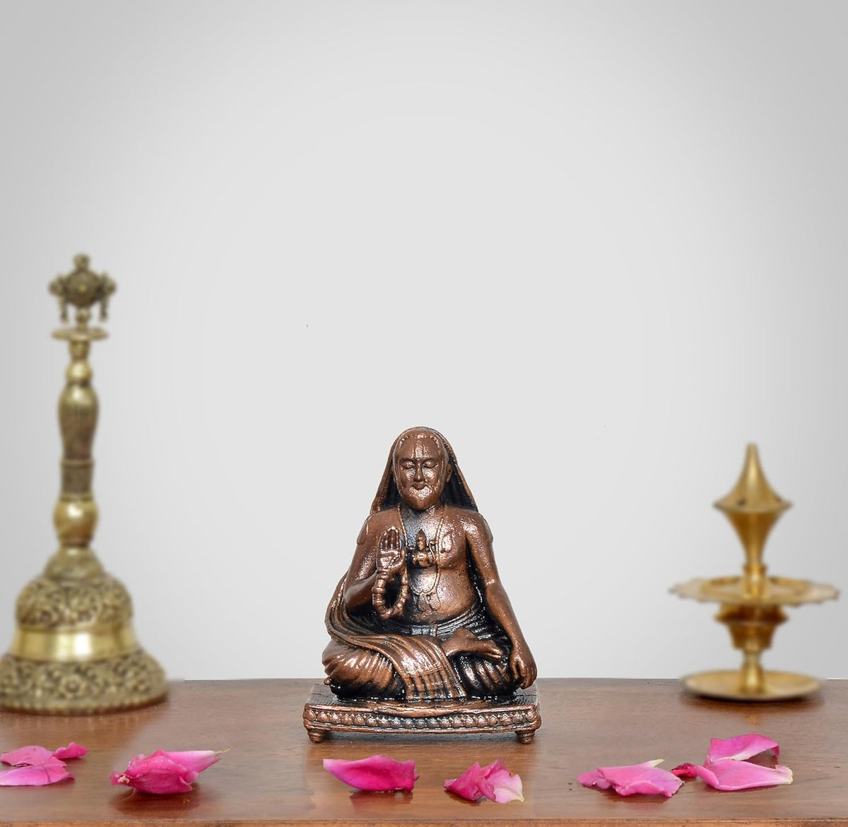 Copper Raghavendra Swami statue 3 inch, seated guru with hands in blessing pose