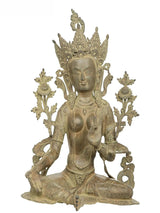 Brass Tara Devi seated sculpture, ornate crown, serene face, hands in blessing