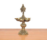 Bronze oil lamp stand for five diyas, front view of pedestal base and bowls