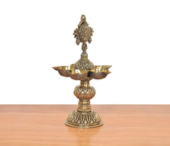Bronze oil lamp stand for five diyas, front view of pedestal base and bowls