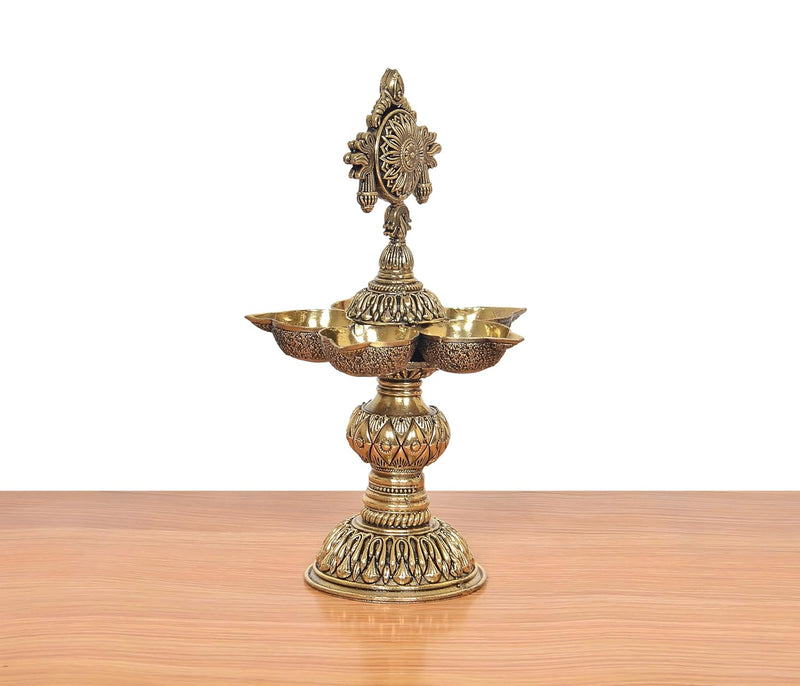 Bronze Oil Lamp Five Diya Lamp Stand (Height: 8 inch)
