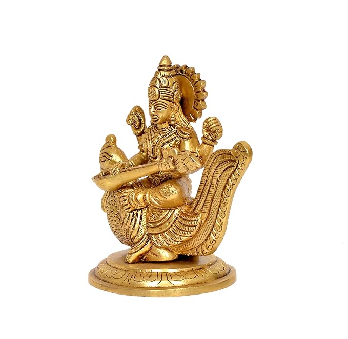 Brass Goddess Saraswati Sitting On Swan Devi of Study Maa Saraswati (Height: 4.5 Inch)