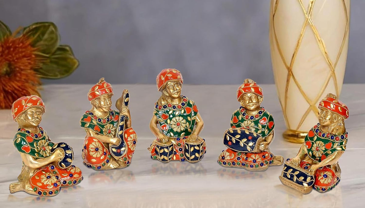 Rajasthani music figurines set, seated brass statues with red-green painted outfits