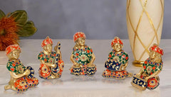 Rajasthani music figurines set, seated brass statues with red-green painted outfits