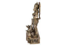 Brass Bajrangbali statue in profile with raised mace, ornate carved base
