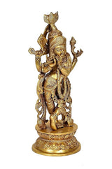 Krishna figurine playing flute, multi-plated gold tone, four-armed pose, ornate base.