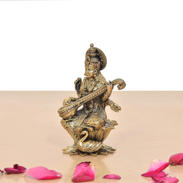 Superfine Brass Maa Saraswati Statue Suited for School Bag (Height 4 Inch) Study Setting