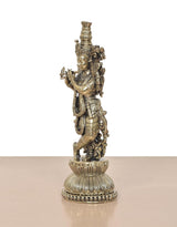 Lord Krishna brass sculpture playing flute, side view with ornate layered base