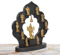 Brass Dashavatara idol, Lord Vishnu center statue with hanging bell, black frame