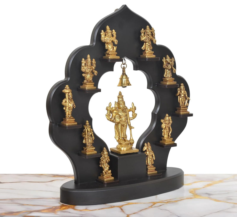 Intricate Brass Dashavatara: Lord Vishnu's Ten Avatars Idol with Wooden Frame | 14" Hindu Collectible Art