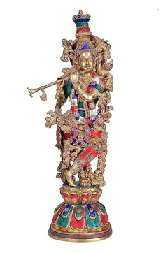AONA Brass Krishna showpiece, front view, blue-green crown and red-blue patterned skirt