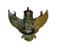 Aged brass Garuda hanging ornament with green patina, underside view