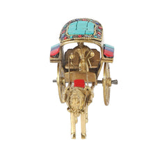 Brass horse cart showpiece, close-up front view, turquoise roof and jeweled edging