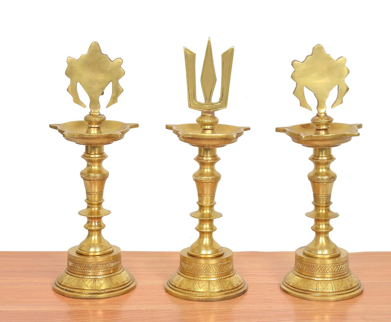Brass Traditional Diya Shankh, Chakra, Naama Oil Lamp Tirupati Balaji Symbol (Height 12 Inch)