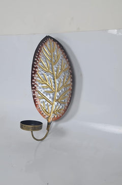 Leaf-shaped metal wall candle holder with gold branches and circular black cup