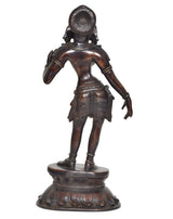 Brass Apsara statue from behind, beaded headdress and pleated lower garment