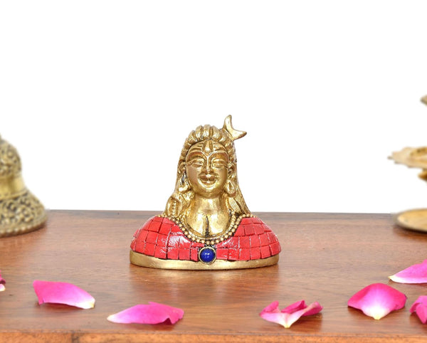 Brass Lord Adiyogi Shiva Idol (Height :2.5 inch) (Red) Study Setting