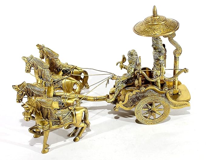 Brass Antique Finish Brass Krishna Arjun Rath Chariot with 4 Horse Idol Statue, Height : 9 inch