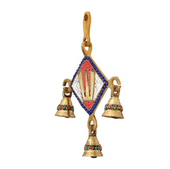 Brass Balaji wall hanging with blue border diamond panel and four gold bell charms