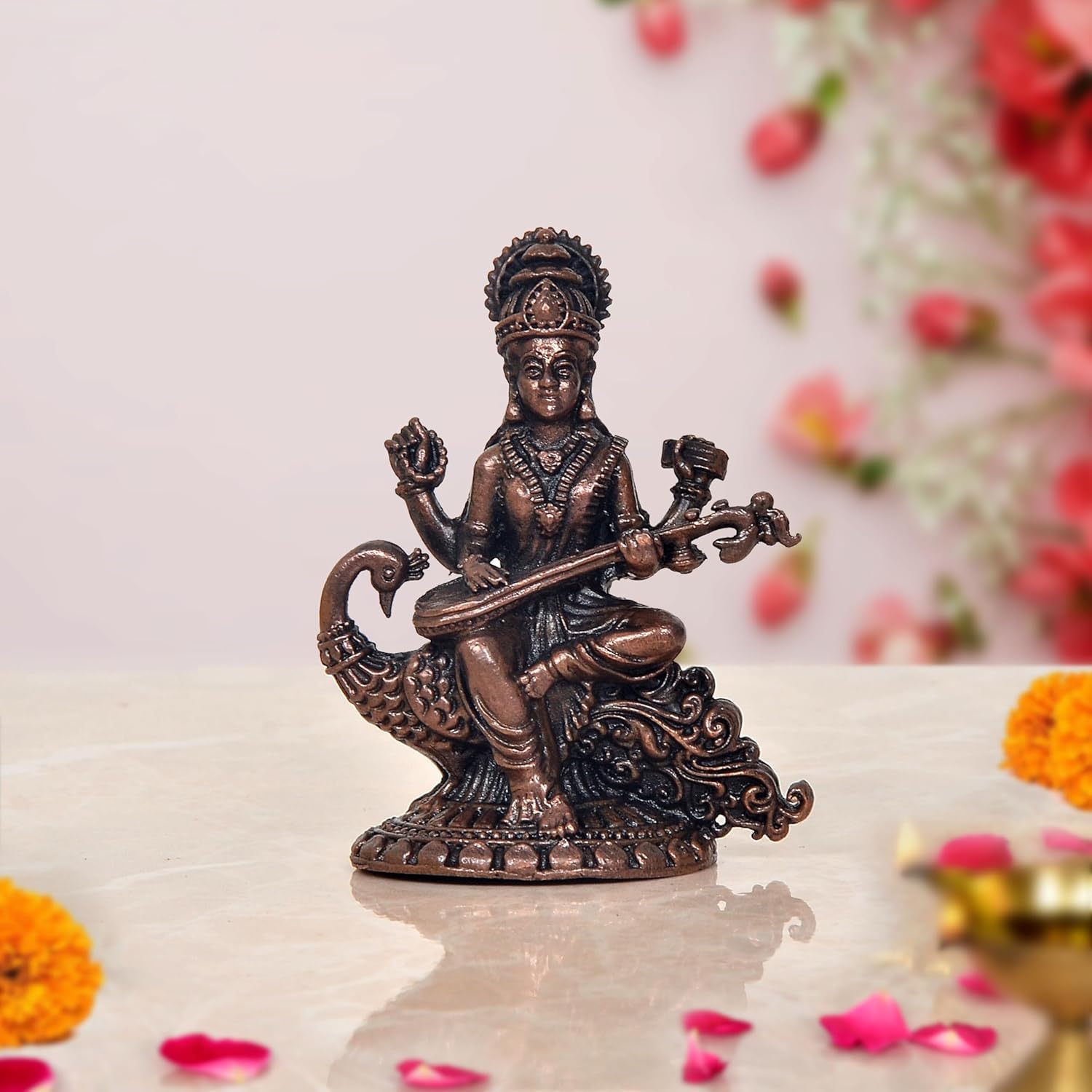 Copper Goddess Maa Saraswati Seated on Swan Devi of Study Maa Saraswati for Home Temple and Spiritual Decor (Height: 2.5 Inch)