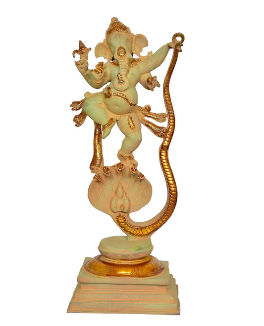 Brass Lord Ganesha Dancing on Snake Serpent Shesha Hindu Deity Idol for Puja and Gifts (Height 26 Inch)