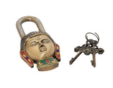Side view of multicolor brass Buddha padlock with keys