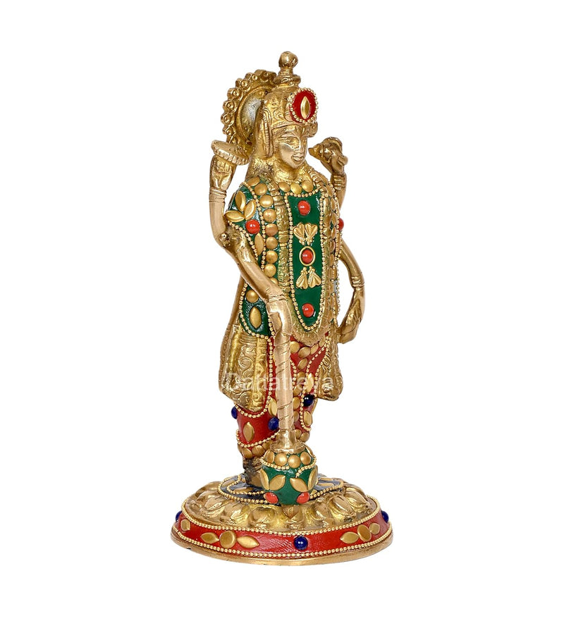 Brass Lord Vishnu Four Armed Standing with Stone Work Idol (Height 7.5 Inch)