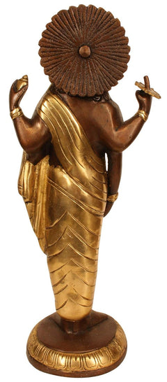 Brass-brown & gold Dhanvantari statue, 11.3 in, rear view with shell-like halo